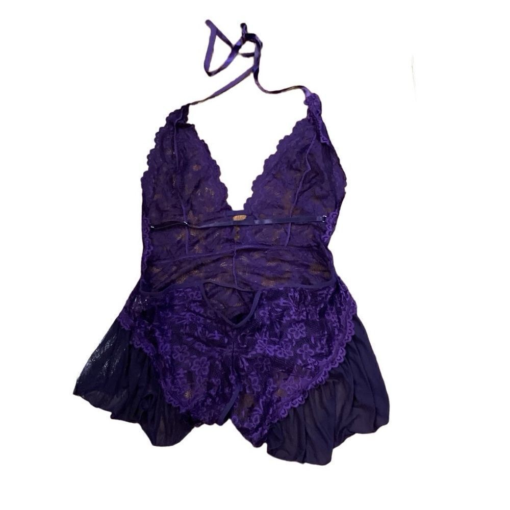 Purple Floral Lace Teddy Lingerie Bodysuit Halter Deep V Neck One Piece Sz 3X - Picture 4 of 8